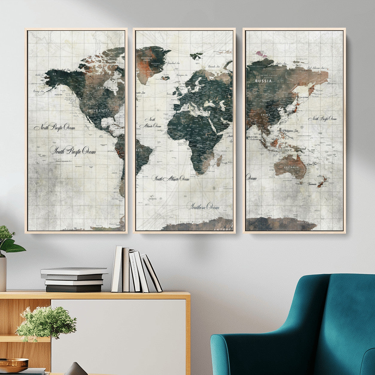 90149079-MGV-FC-48X32-3P - World Map Wall Art Canvas Print, Modern Decorative Framed Map Artwork Prints for Living Room, Office, Bedroom Wall Decor