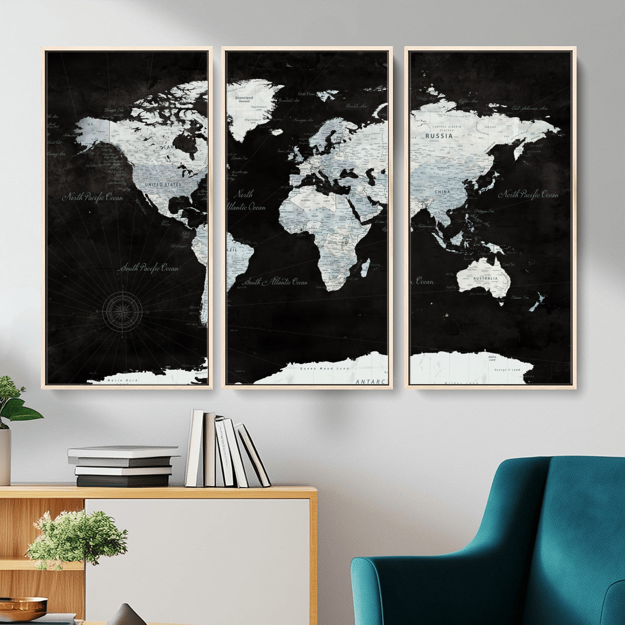 30759283-MGV-FC-48X32-3P - World Map Wall Art Canvas Print, Modern Decorative Framed Map Artwork Prints for Living Room, Office, Bedroom Wall Decor
