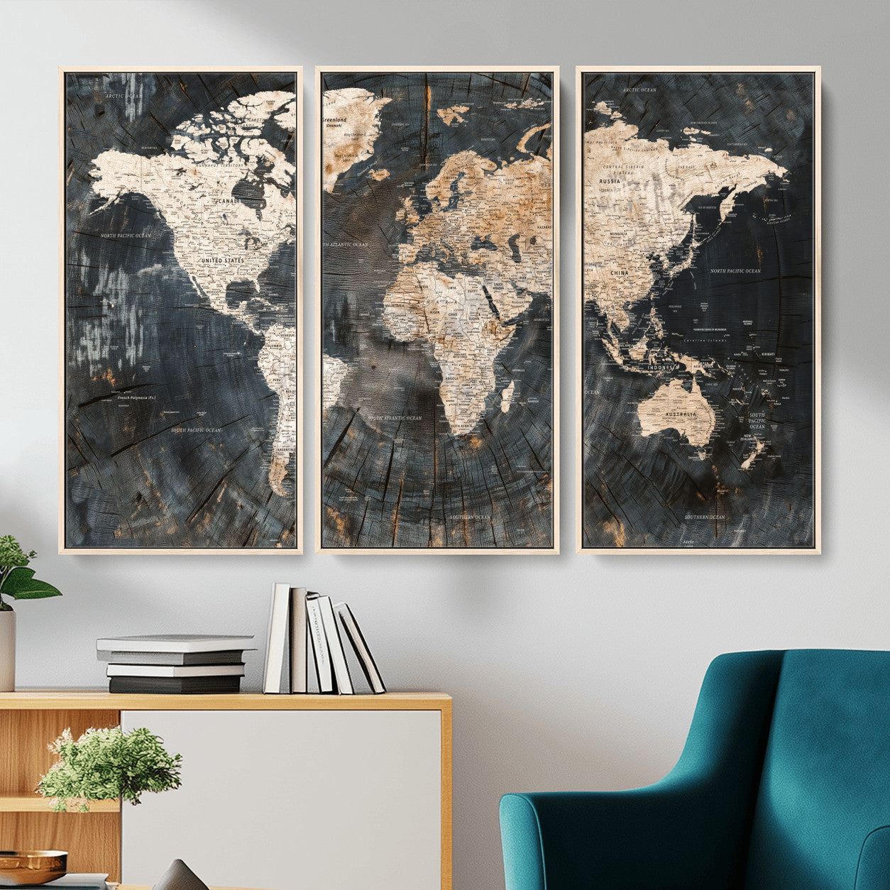 57626704-MGV-FC-48X32-3P - World Map Wall Art Canvas Print, Modern Decorative Framed Map Artwork Prints for Living Room, Office, Bedroom Wall Decor
