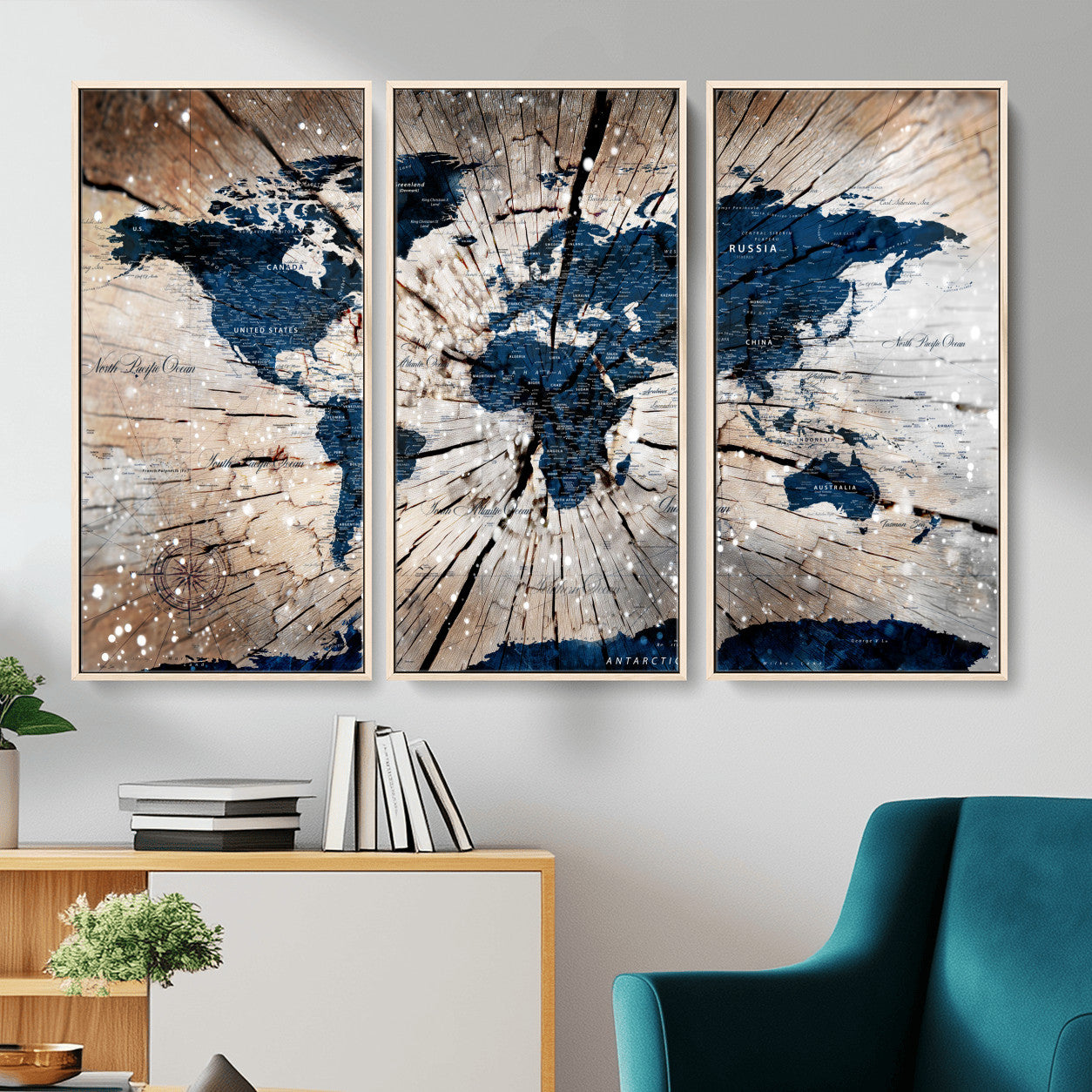 99001695-MGV-FC-48X32-3P - World Map Wall Art Canvas Print, Modern Decorative Framed Map Artwork Prints for Living Room, Office, Bedroom Wall Decor
