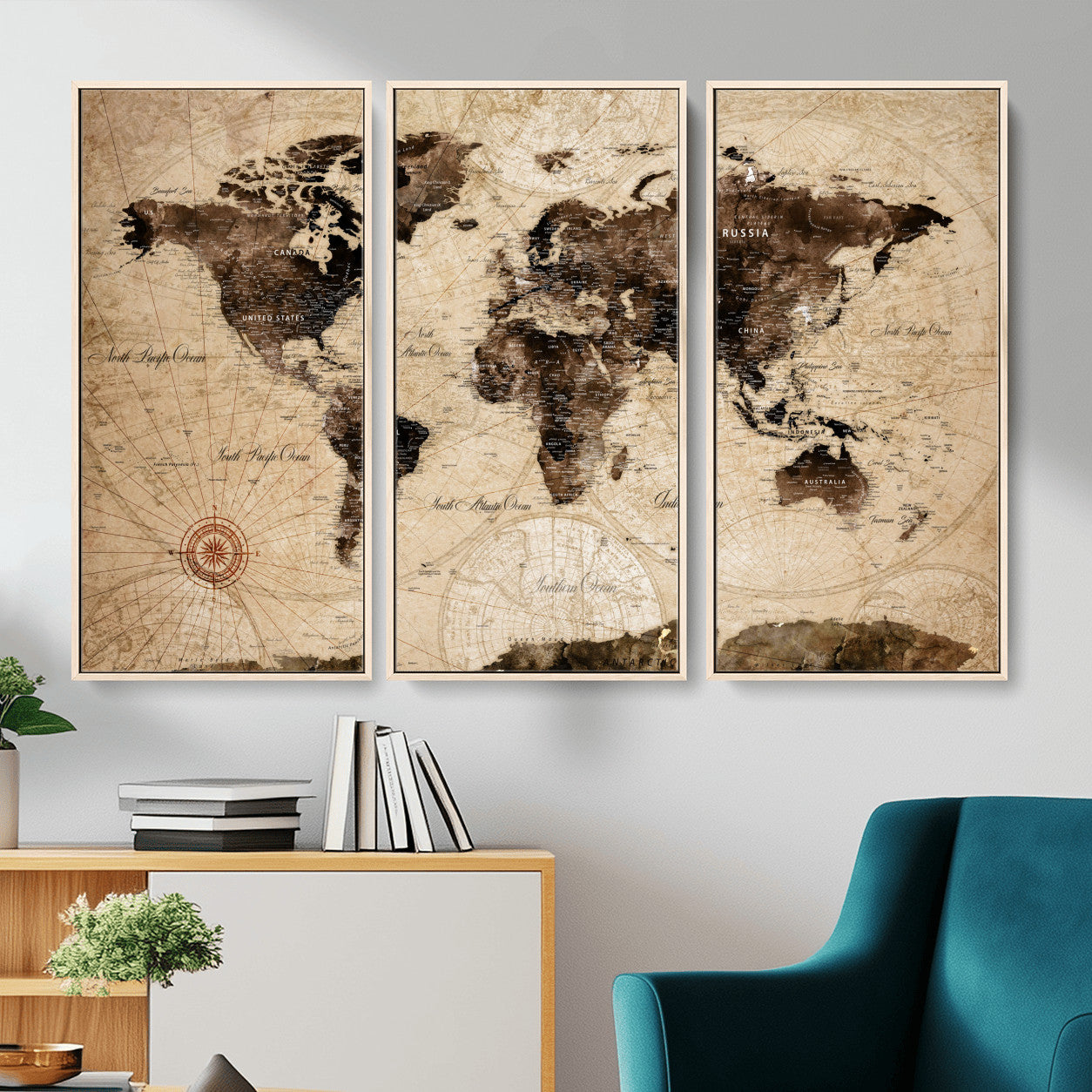 97114757-MGV-FC-48X32-3P - Vintage World Map Wall Art Canvas Print, Modern Decorative Framed Map Artwork Prints for Living Room, Office, Bedroom Wall Decor