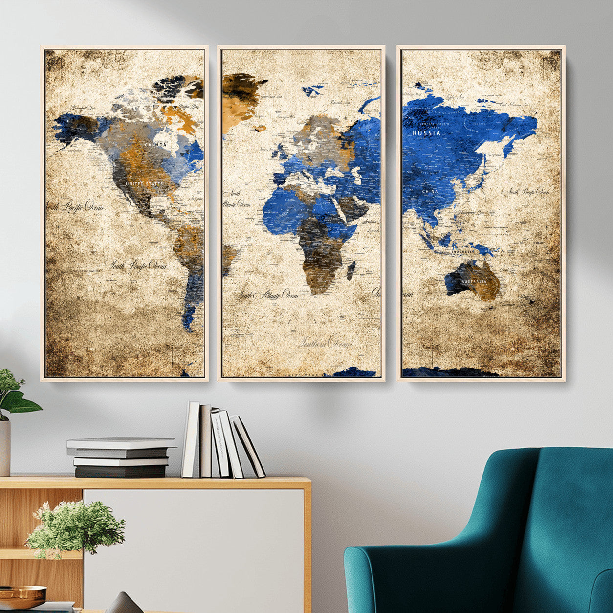 13564339-MGV-FC-48X32-3P - World Map Wall Art Canvas Print, Modern Decorative Framed Map Artwork Prints for Living Room, Office, Bedroom Wall Decor