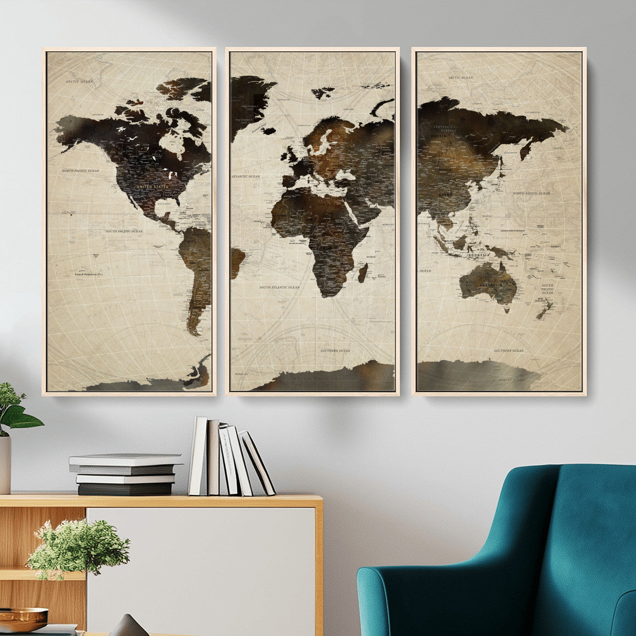 81771296-MGV-FC-48X32-3P - World Map Wall Art Canvas Print, Modern Decorative Framed Map Artwork Prints for Living Room, Office, Bedroom Wall Decor
