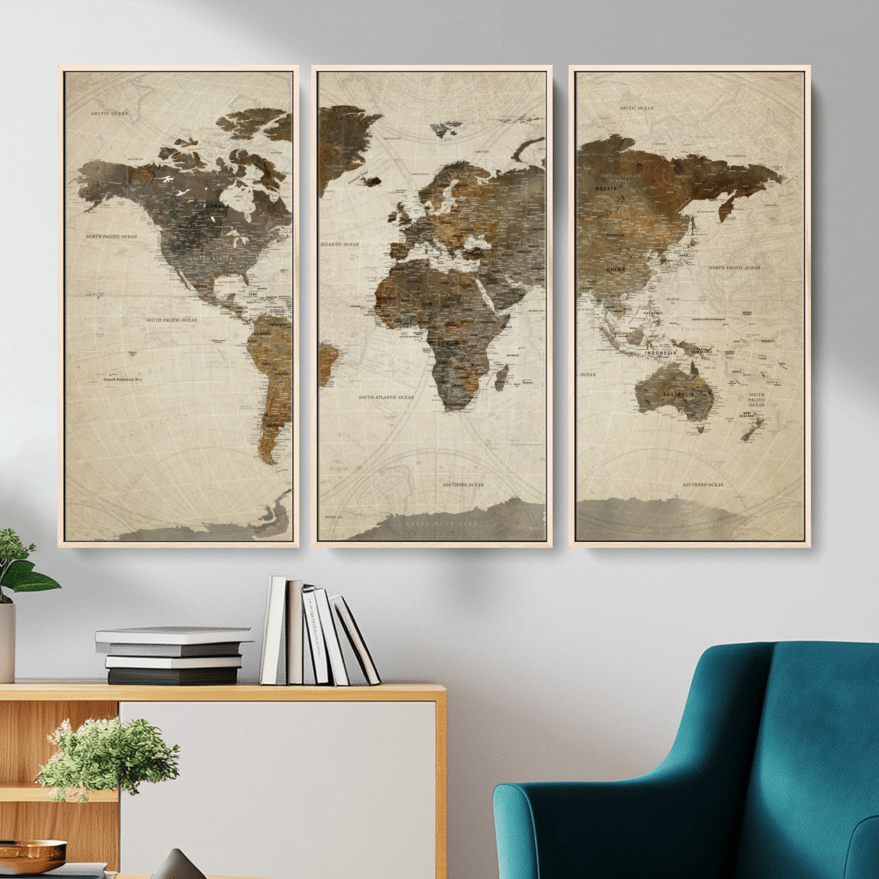 91849163-MGV-FC-48X32-3P - World Map Wall Art Canvas Print, Modern Decorative Framed Map Artwork Prints for Living Room, Office, Bedroom Wall Decor