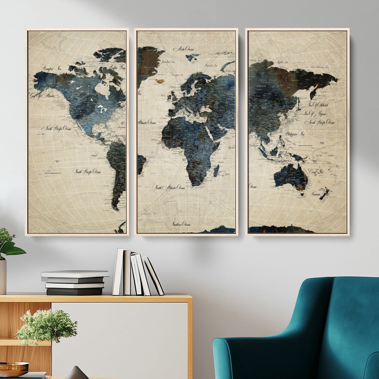33438443-MGV-FC-48X32-3P - World Map Wall Art Canvas Print, Modern Decorative Framed Map Artwork Prints for Living Room, Office, Bedroom Wall Decor