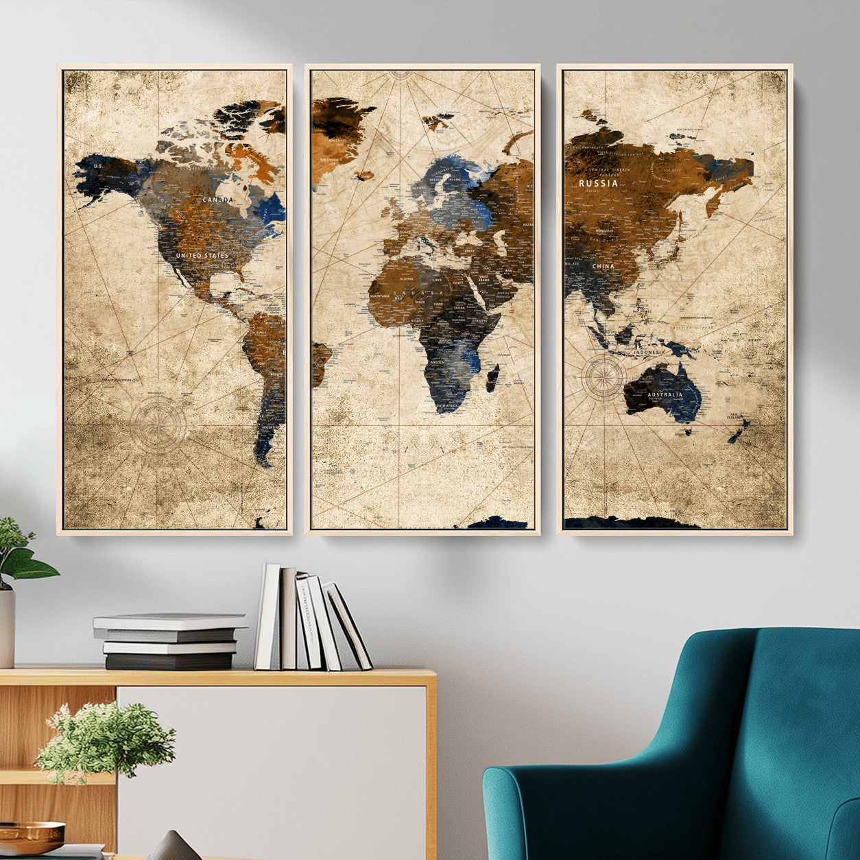 56297284-MGV-FC-48X32-3P - World Map Wall Art Canvas Print, Modern Decorative Framed Map Artwork Prints for Living Room, Office, Bedroom Wall Decor