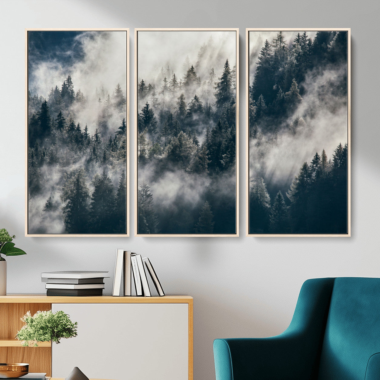 270372951-MGV-FC-48X32-3P - Misty Pine Forest Canvas Wall Art – Dark Forest Mountaing and Nature Landscape Print, Horizontal Canvas Print