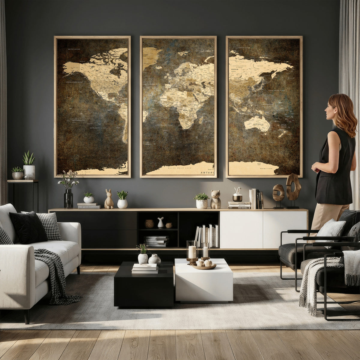 89742472-MGV-CV-36X24 - Large Framed Vintage World Map Wall Art Print for Home Wall