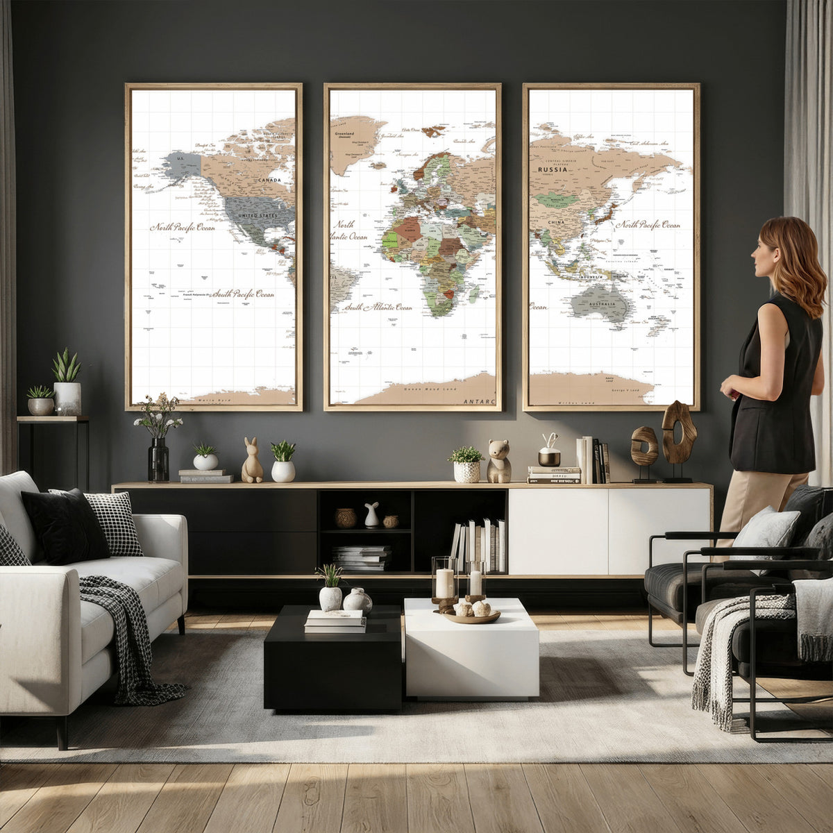 91286788-MGV-CV-36X24 - World Map Wall Art Canvas Print, Modern Decorative Framed Map Artwork Prints for Living Room, Office, Bedroom Wall Decor