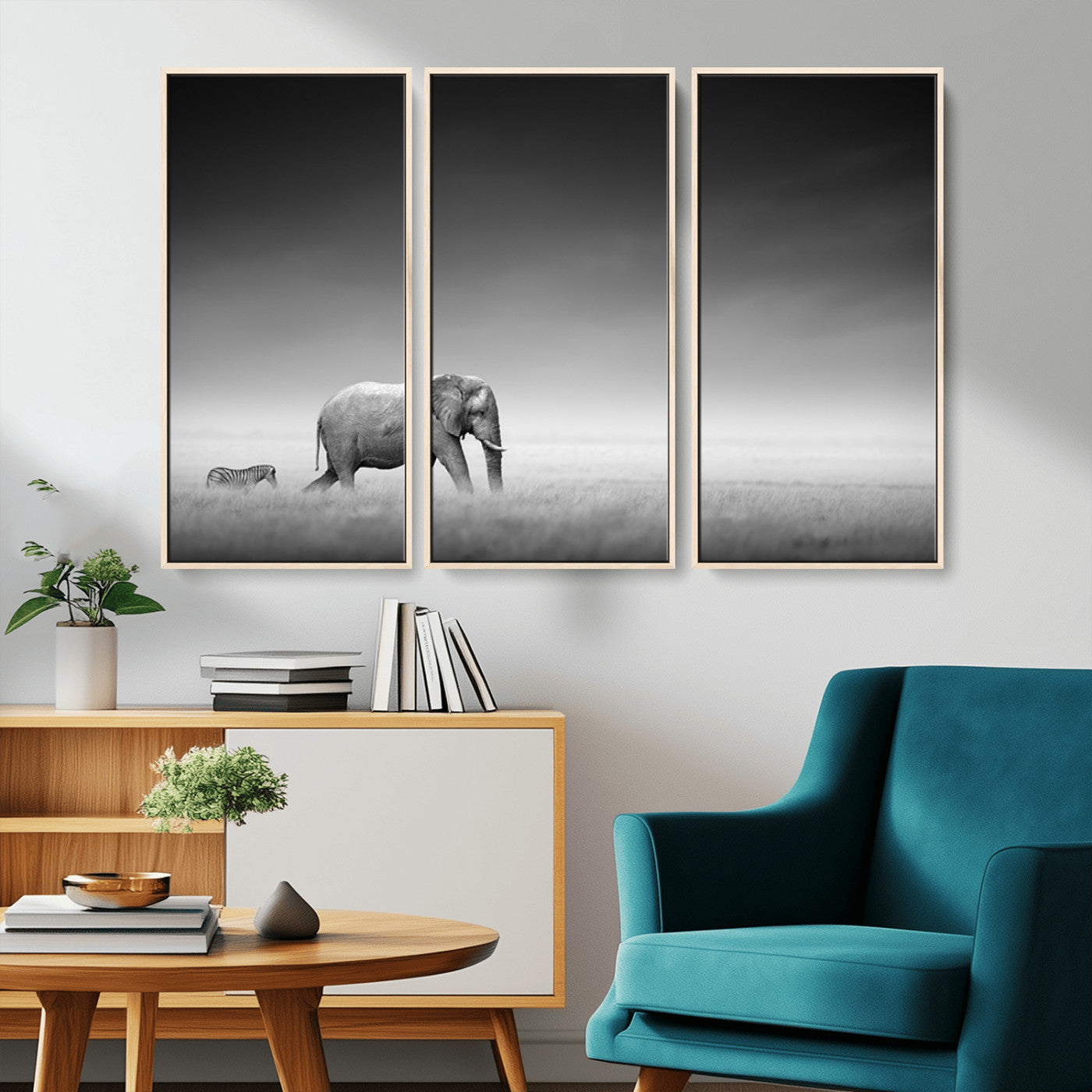 MGV-FC-48X32-3P - Elephand and Zebra Wall Art Canvas Print, Modern Artwork