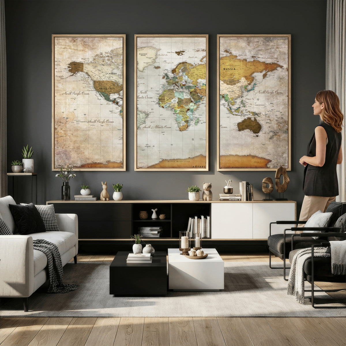 86108417-MGV-CV-36X24 - World Map Wall Art Canvas Print, Modern Decorative Framed Map Artwork Prints for Living Room, Office, Bedroom Wall Decor