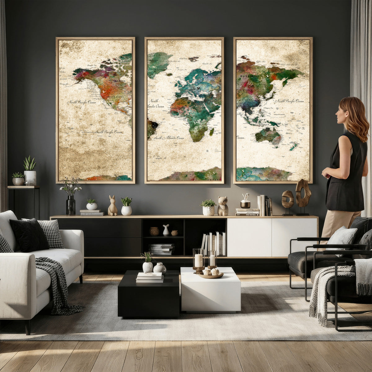 87544591-MGV-CV-36X24 - World Map Wall Art Canvas Print, Modern Decorative Framed Map Artwork Prints for Living Room, Office, Bedroom Wall Decor