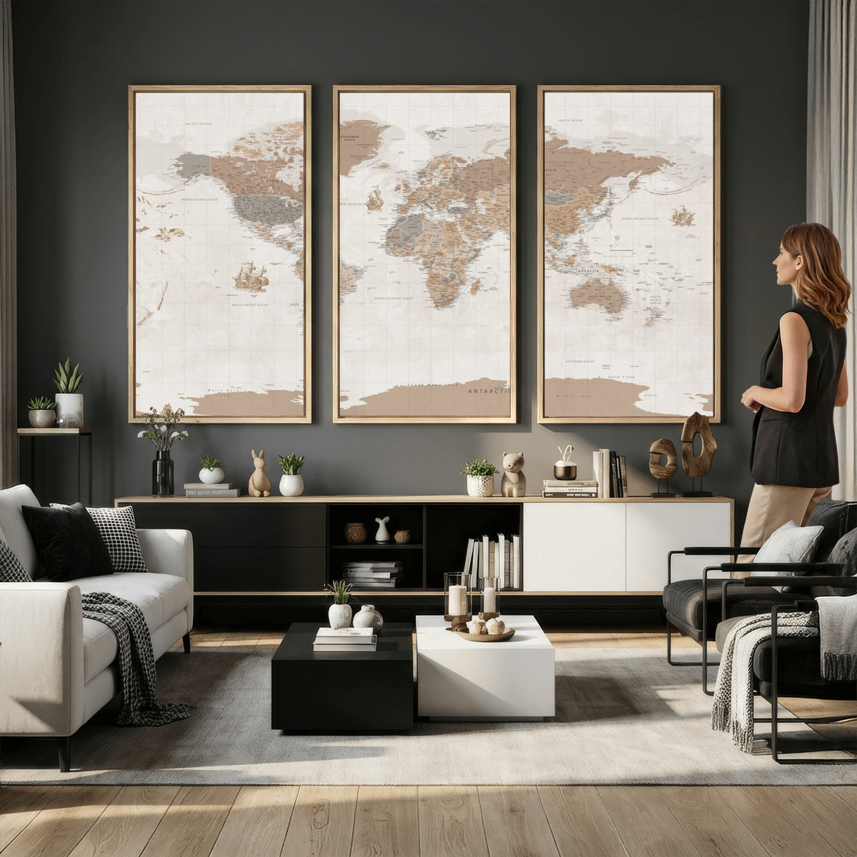 85057279-MGV-CV-36X24 - Framed Large World Map Canvas Print for Office Decor