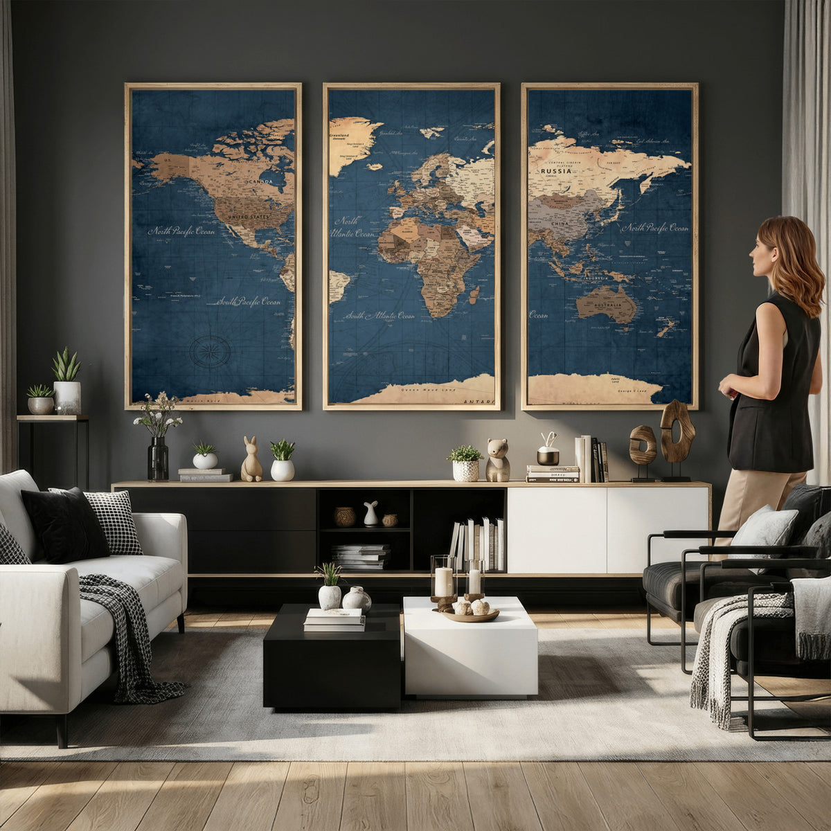69886352-MGV-CV-36X24 - World Map Wall Art Canvas Print, Modern Decorative Framed Map Artwork Prints for Living Room, Office, Bedroom Wall Decor