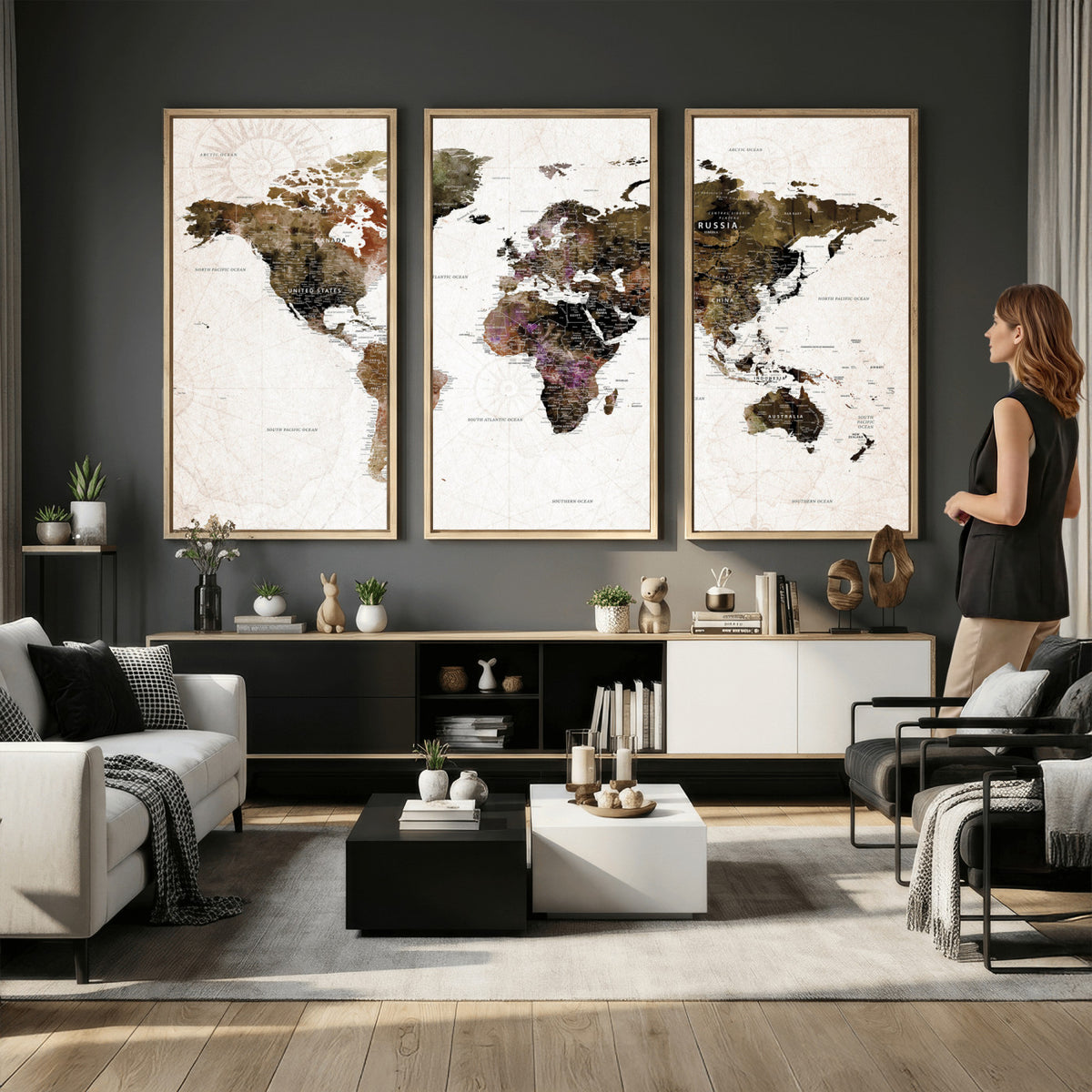 77651968-MGV-CV-36X24 - Watercolor World Map Print - Large Wall Art Canvas Print for