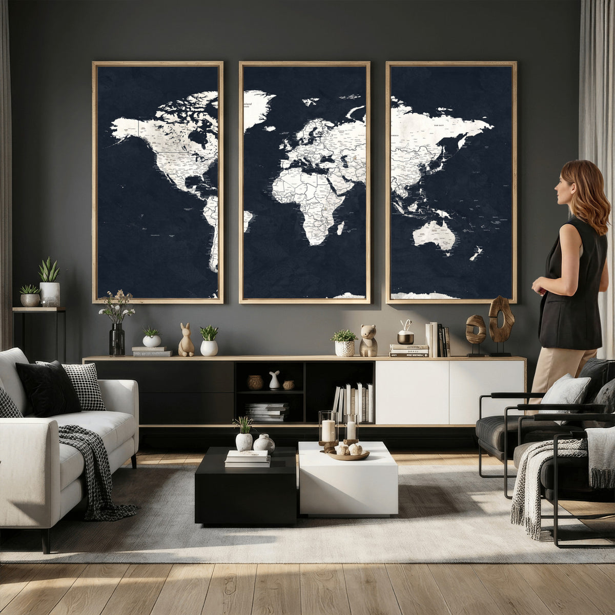 11963807-MGV-CV-36X24 - Black World Map Wall Art Canvas Print for Home Office and Meeting Room Decor