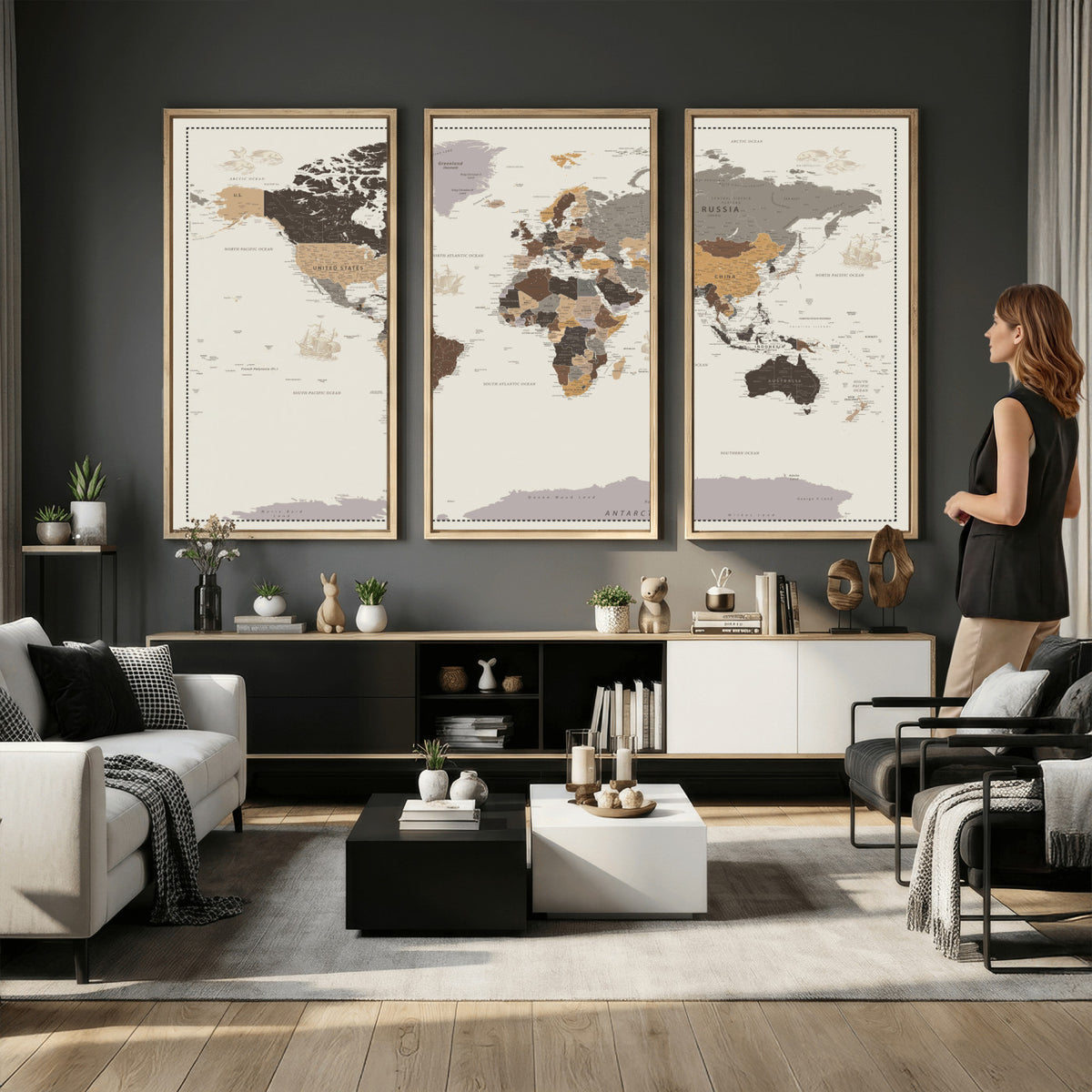 58777746-MGV-CV-36X24 - Custom Beige Modern Push Pin World Map Canvas Print, Places Visited Tracker, Bedroom and Study Decor