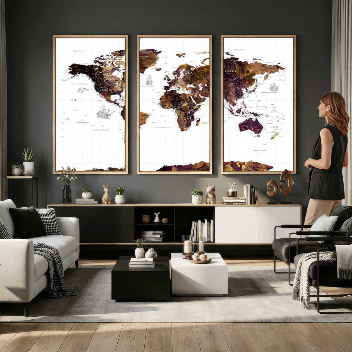 34792695-MGV-CV-36X24 - Rustic World Map Wall Art Canvas Print | Large Vintage Blue World Map on Wood Grain Style Background