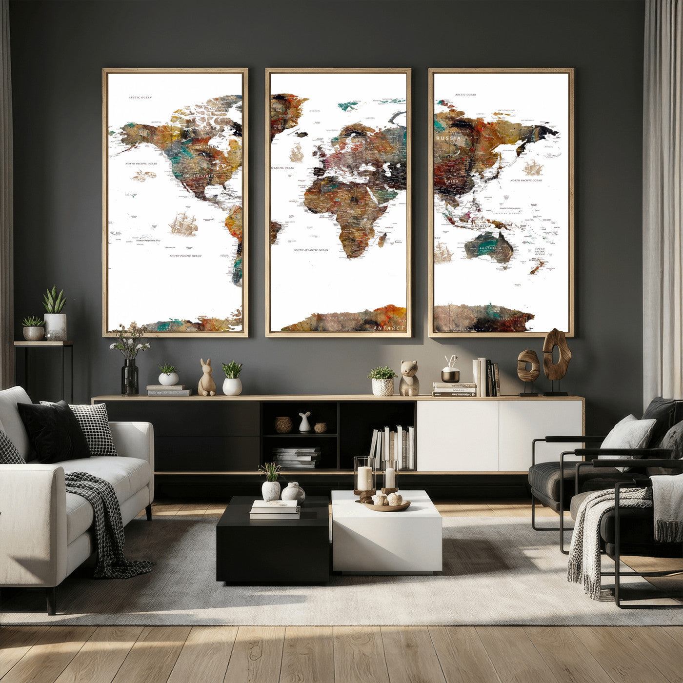 82293175-MGV-CV-36X24 - World Map Wall Art Canvas Print, Modern Decorative Framed Map Artwork Prints for Living Room, Office, Bedroom Wall Decor