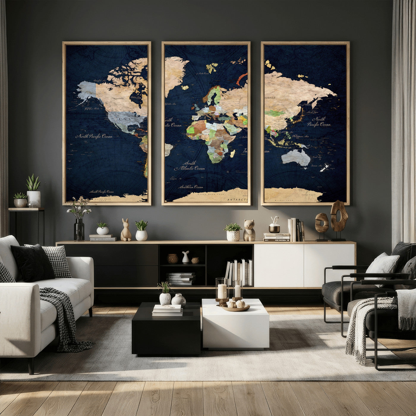 76603563-MGV-CV-36X24 - World Map Wall Art Canvas Print, Modern Decorative Framed Map Artwork Prints for Living Room, Office, Bedroom Wall Decor