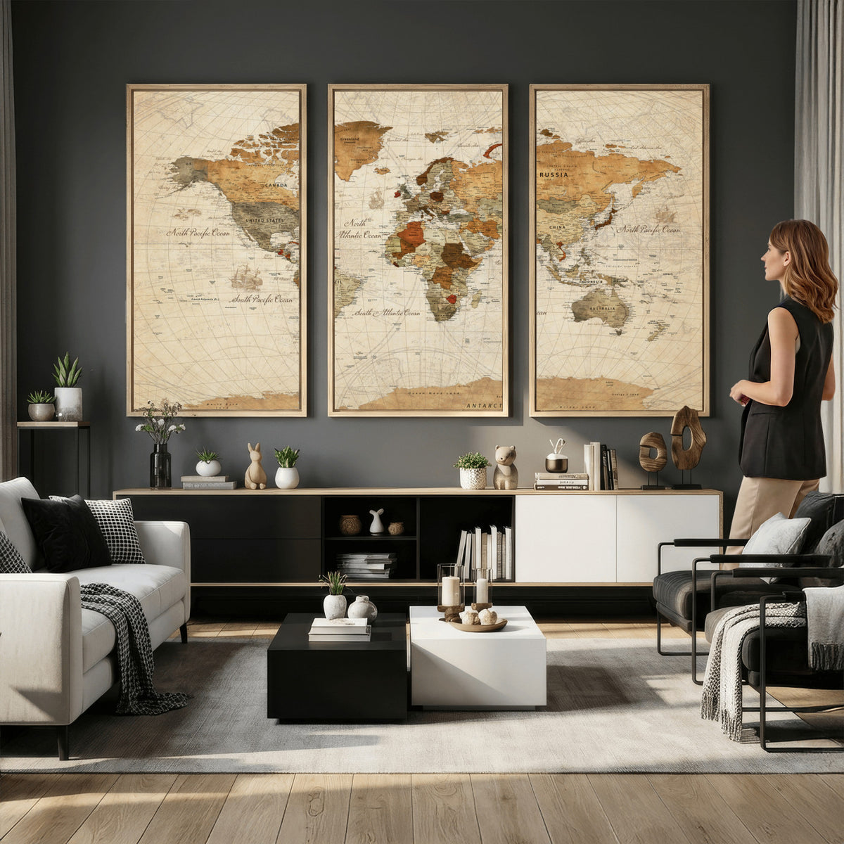 29684537-MGV-CV-36X24 - Vintage World Map Canvas Print, Framed Rustic Detailed Map of the World, Explorer Decor