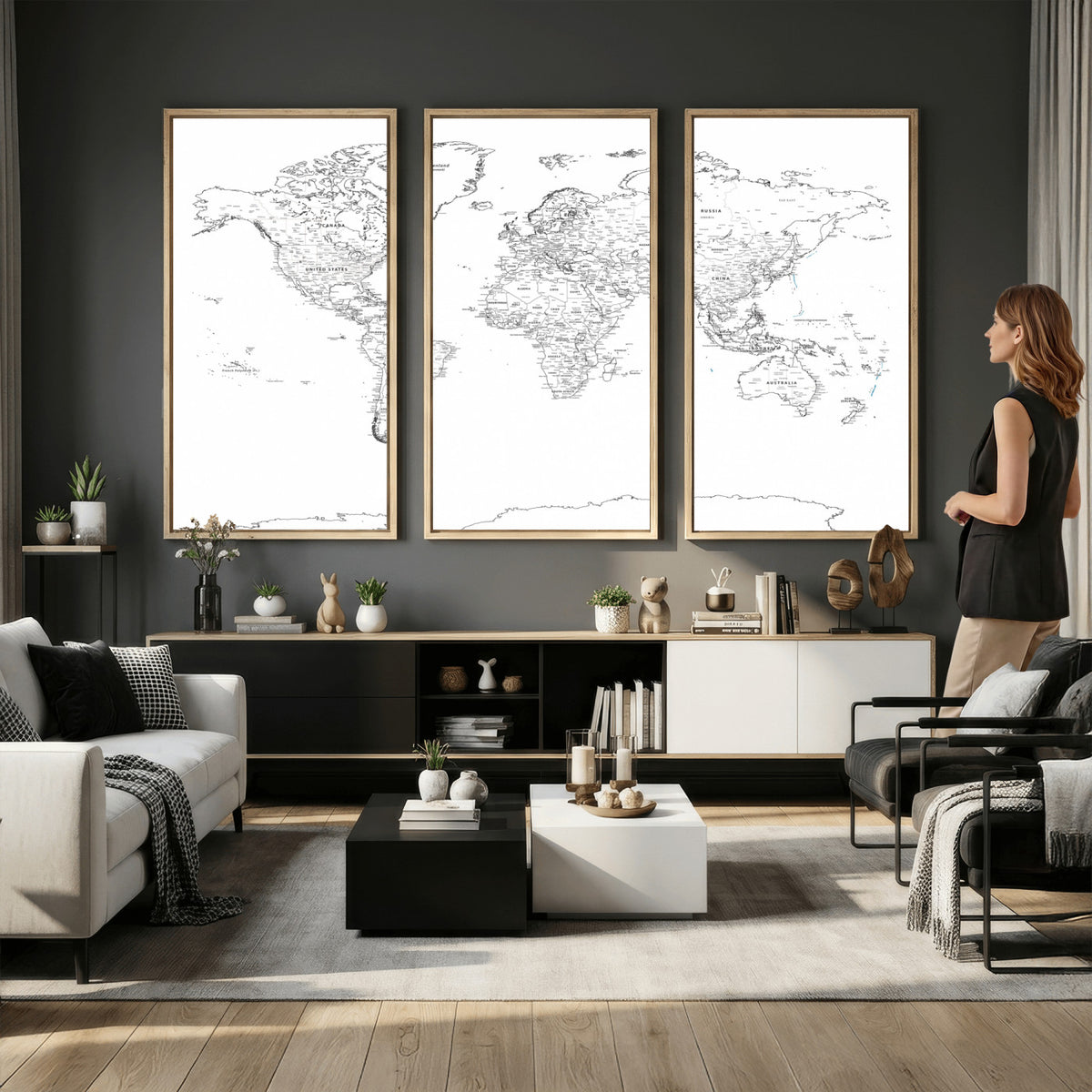 21002736-MGV-CV-36X24 - World Map Canvas Print, Framed Modern Detailed Map of the World for Home or Office