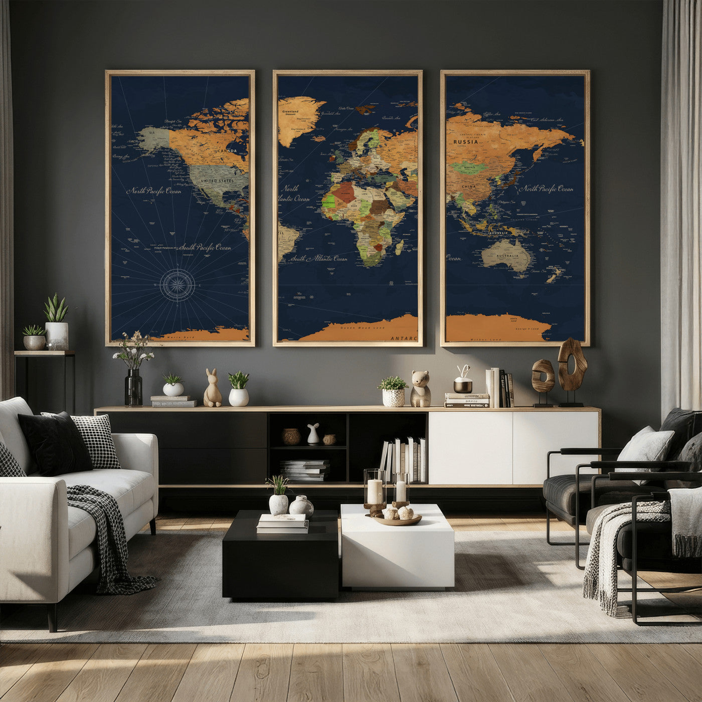 11715182-MGV-CV-36X24 - World Map Wall Art Canvas Print, Modern Decorative Framed Map Artwork Prints for Living Room, Office, Bedroom Wall Decor