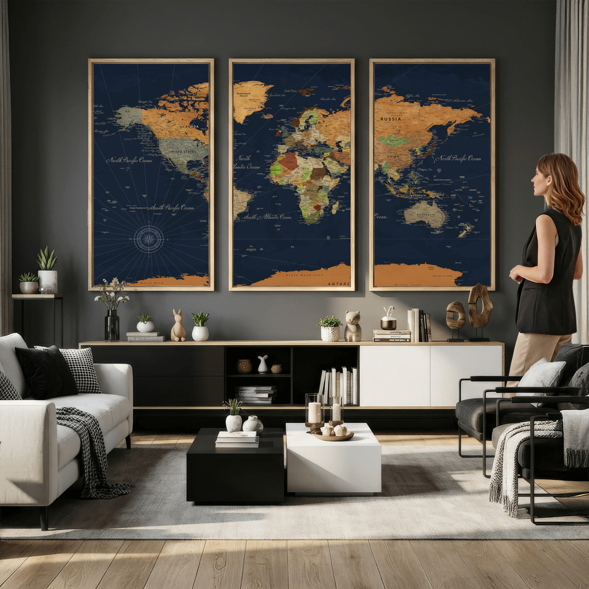 11715182-MGV-CV-36X24 - Modern World Map Canvas Print, Framed Detailed Map of the World Wall Art
