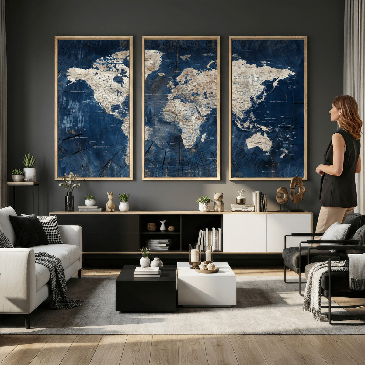56126010-MGV-CV-36X24 - Large Blue World Map Wall Art Canvas Print for Home Office
