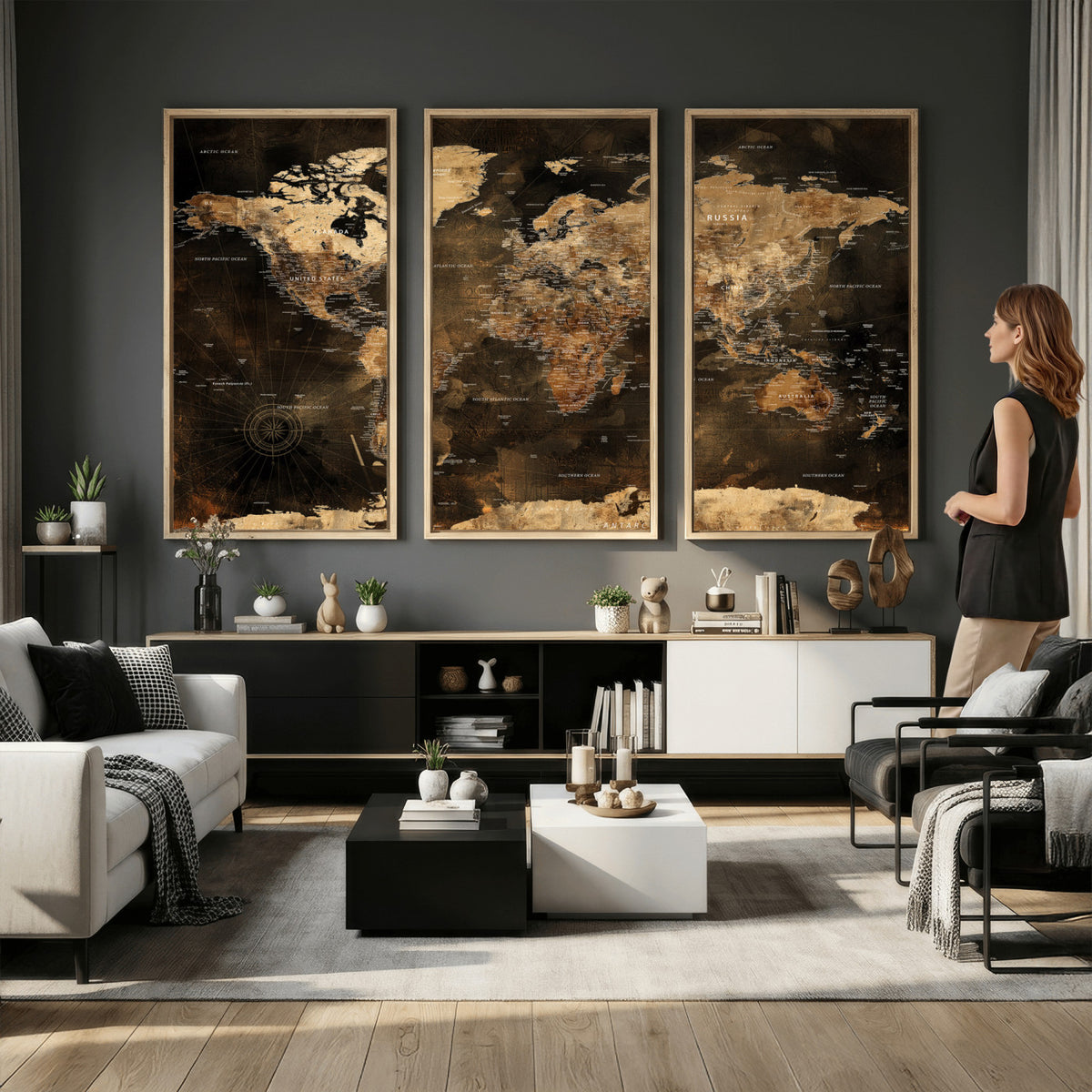 97742922-MGV-CV-36X24 - World Map Canvas Print, Modern Decorative Framed Map Artwork