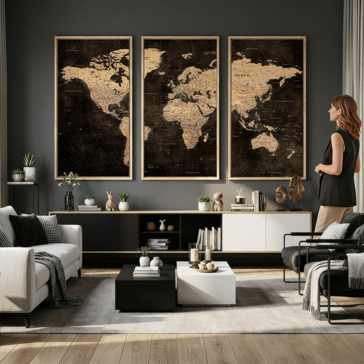 15118265-MGV-CV-36X24 - Brown World Map Canvas Print | Modern Travel Map Wall Art