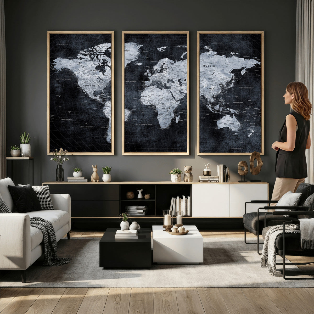 86893704-MGV-CV-36X24 - Black World Map Canvas Print | Detailed Map for Couples and Anniversary Gift