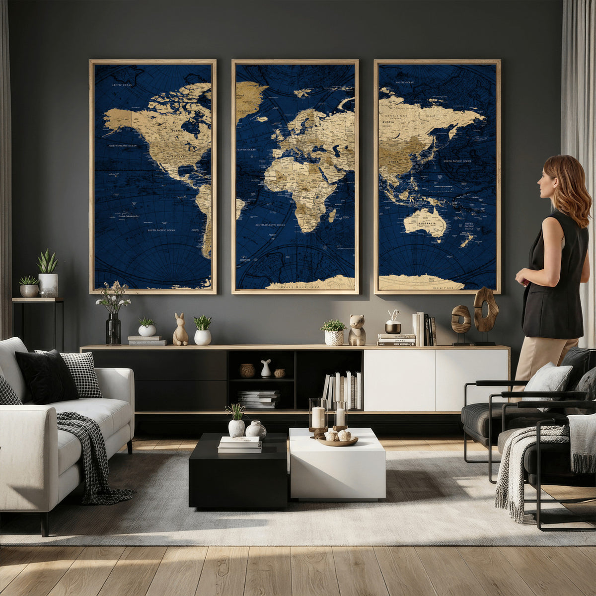 54770746-MGV-CV-36X24 - Navy Blue World Map Canvas Print – Detailed Map Minimal Navy