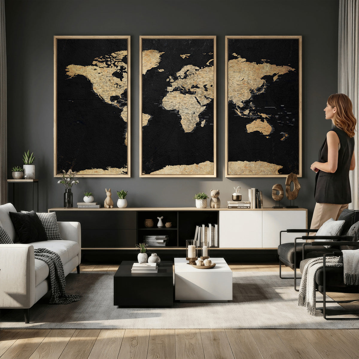 71518849-MGV-CV-36X24 - Beige World Map Canvas Wall Art Print, Minimal Black and