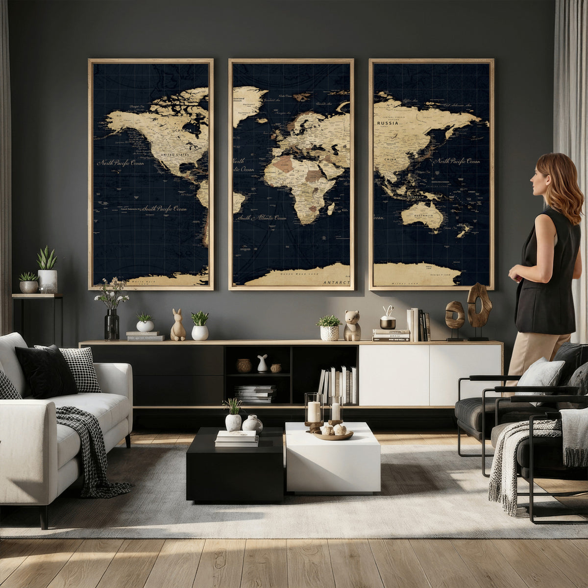 45063434-MGV-CV-36X24 - Dark World Map Canvas Wall Art Print, Minimal Black and Gold Map