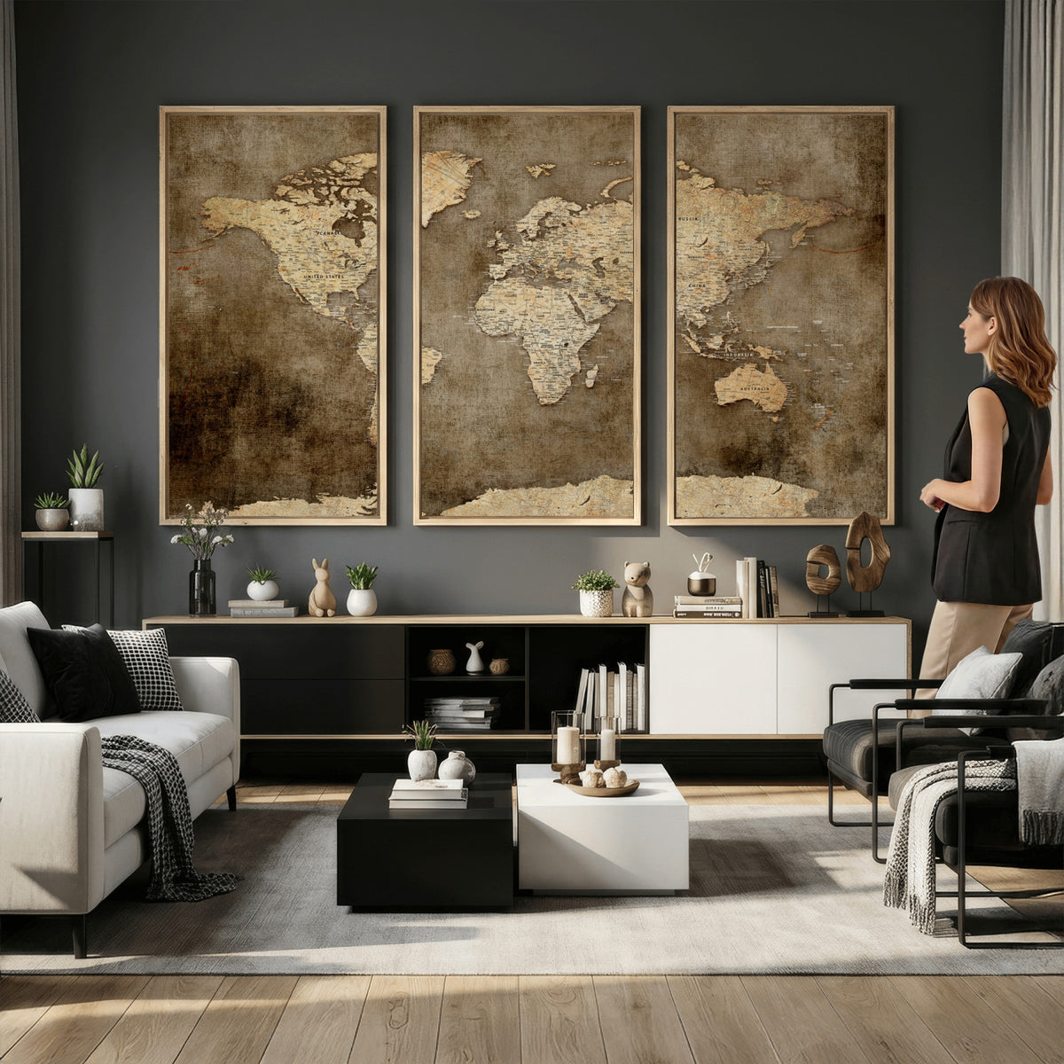 35847542-MGV-CV-36X24 - Dark Vintage World Map Canvas Wall Art Print, Antique Map