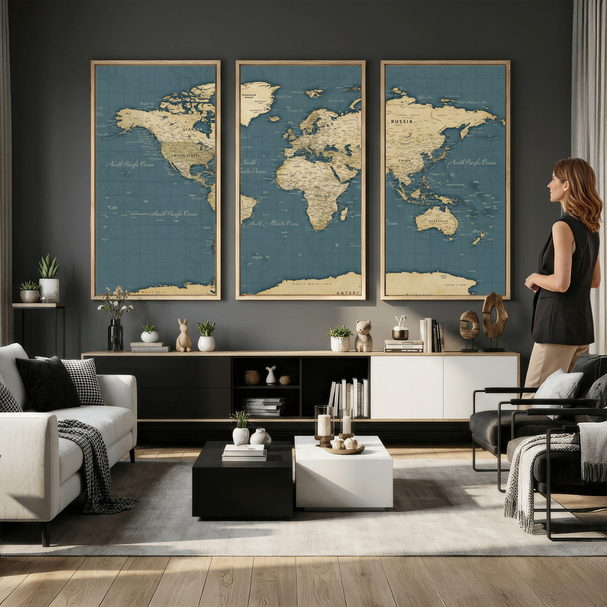 99599383-MGV-CV-36X24 - Minimal Vintage World Map Canvas Wall Art Print, Neutral