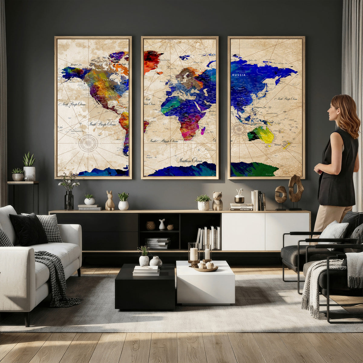 26284075-MGV-CV-36X24 - World Map Wall Art Canvas Print, Modern Decorative Framed Map Artwork Prints for Living Room, Office, Bedroom Wall Decor