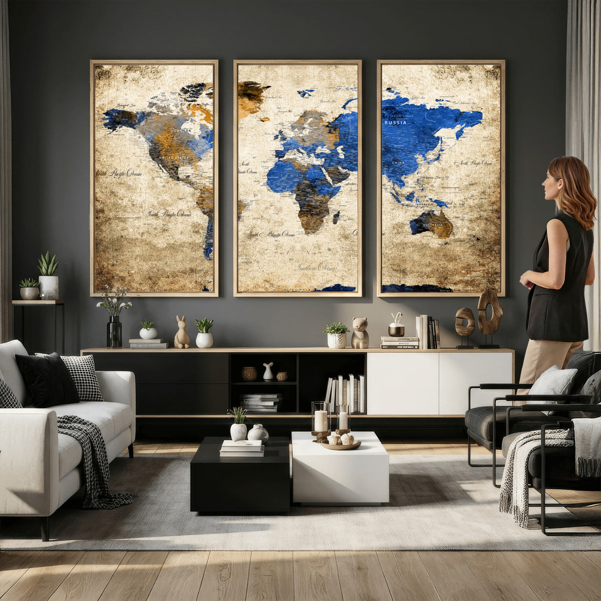 27314341-MGV-CV-36X24 - World Map Wall Art Canvas Print, Modern Decorative Framed Map Artwork Prints for Living Room, Office, Bedroom Wall Decor