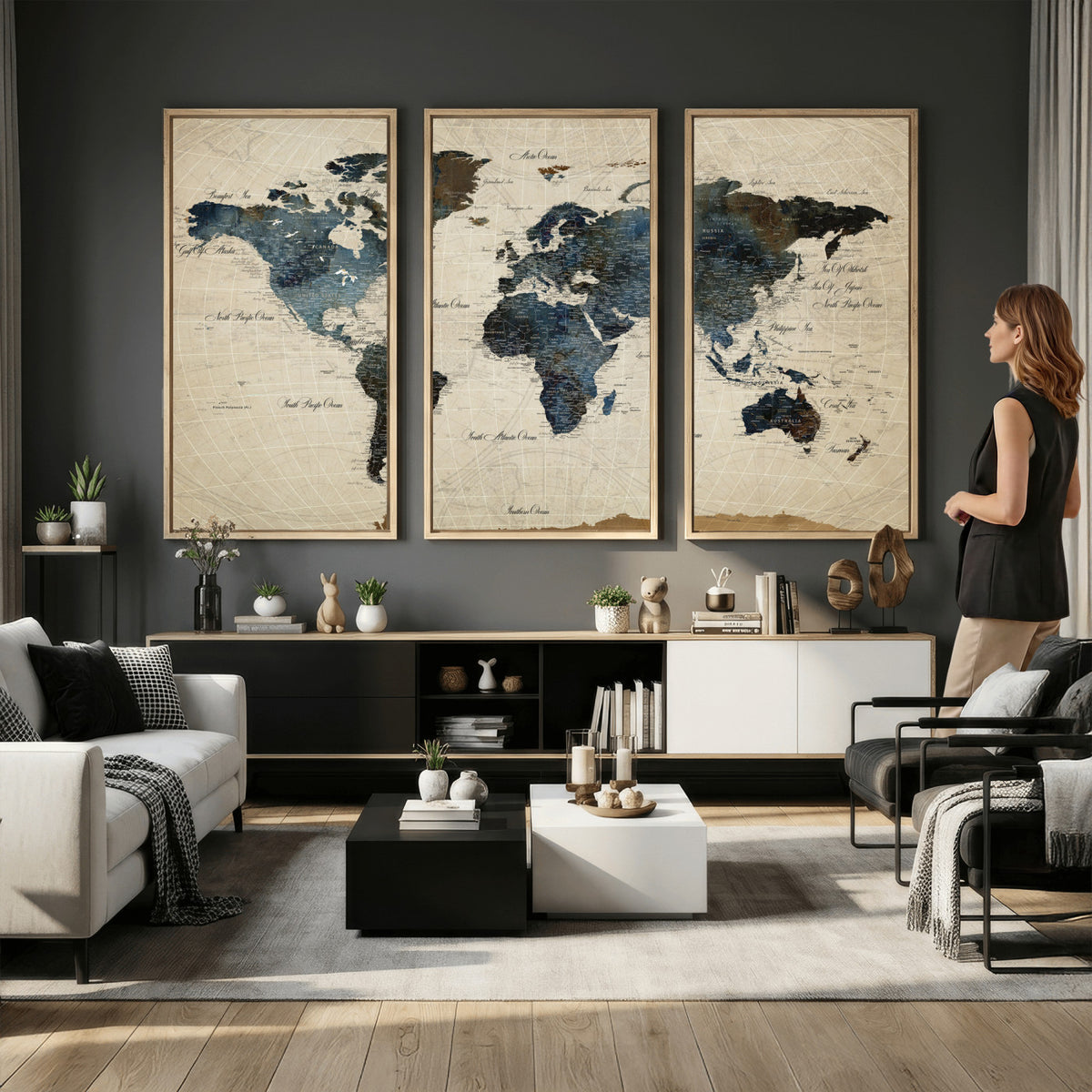 72927803-MGV-CV-36X24 - World Map Wall Art Canvas Print, Modern Decorative Framed Map Artwork Prints for Living Room, Office, Bedroom Wall Decor