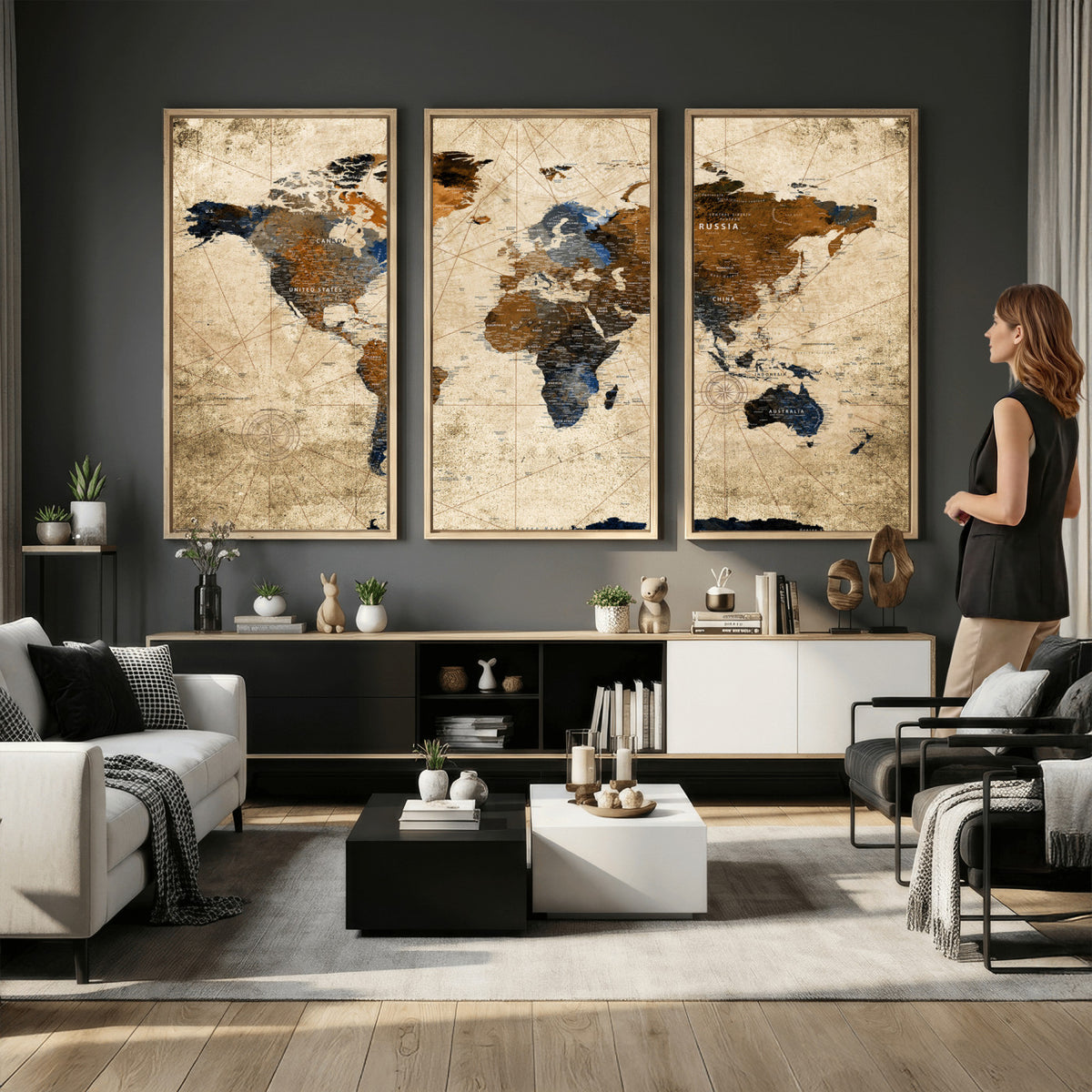 27163414-MGV-CV-36X24 - World Map Wall Art – Rustic Earth Tone Canvas Print, Antique