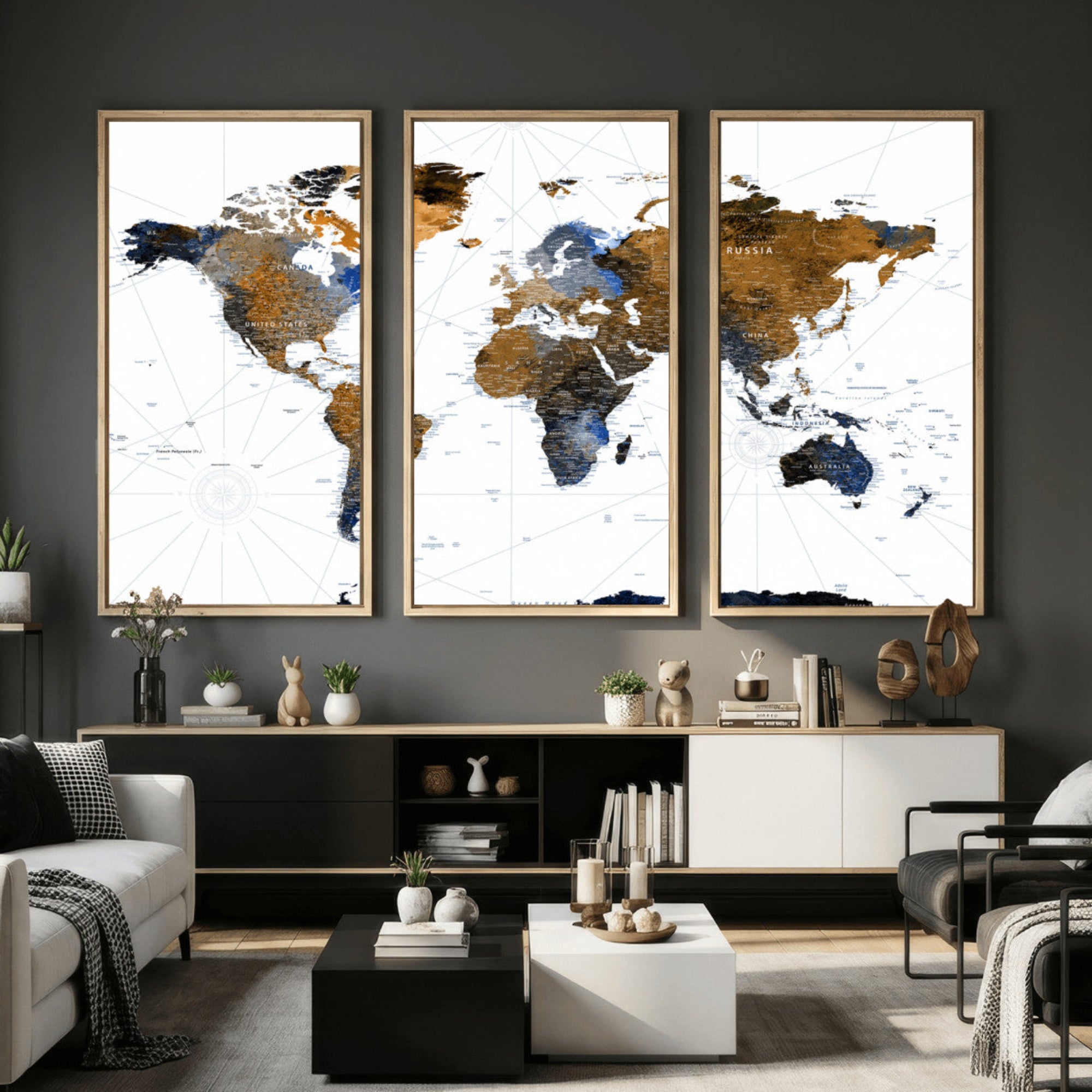 56364879-MGV-CV-36X24 - World Map Wall Art Canvas Print, Modern Decorative Framed Map Artwork Prints for Living Room Decor
