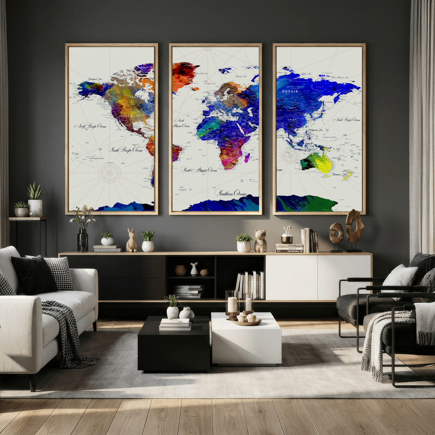 49670038-MGV-CV-36X24 - World Map Wall Art Canvas Print, Modern Decorative Framed Map Artwork Prints for Living Room, Office Decor