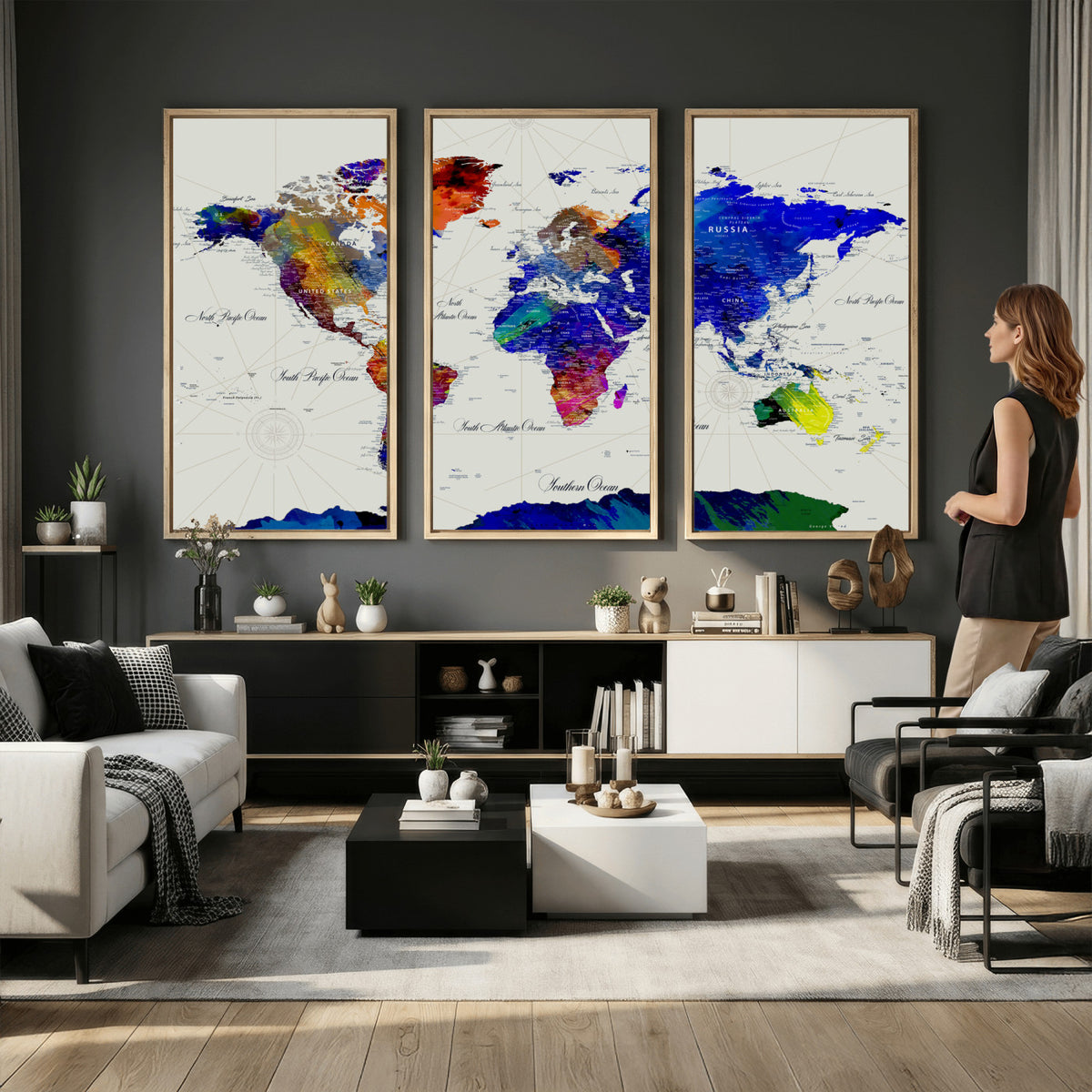 49670038-MGV-CV-36X24 - World Map Wall Art Canvas Print, Modern Decorative Framed Map Artwork Prints for Living Room, Office, Bedroom Wall Decor