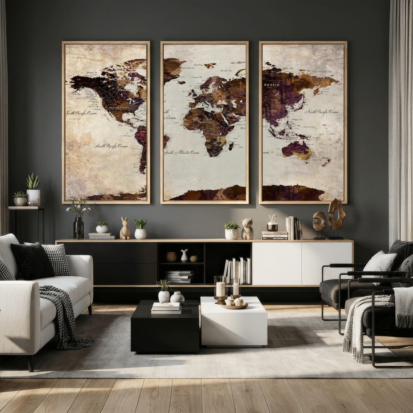 50611123-MGV-CV-36X24 - World Map Canvas Triptych – Colorful Global Wall Art for Living Rooms, Offices, and Study Spaces