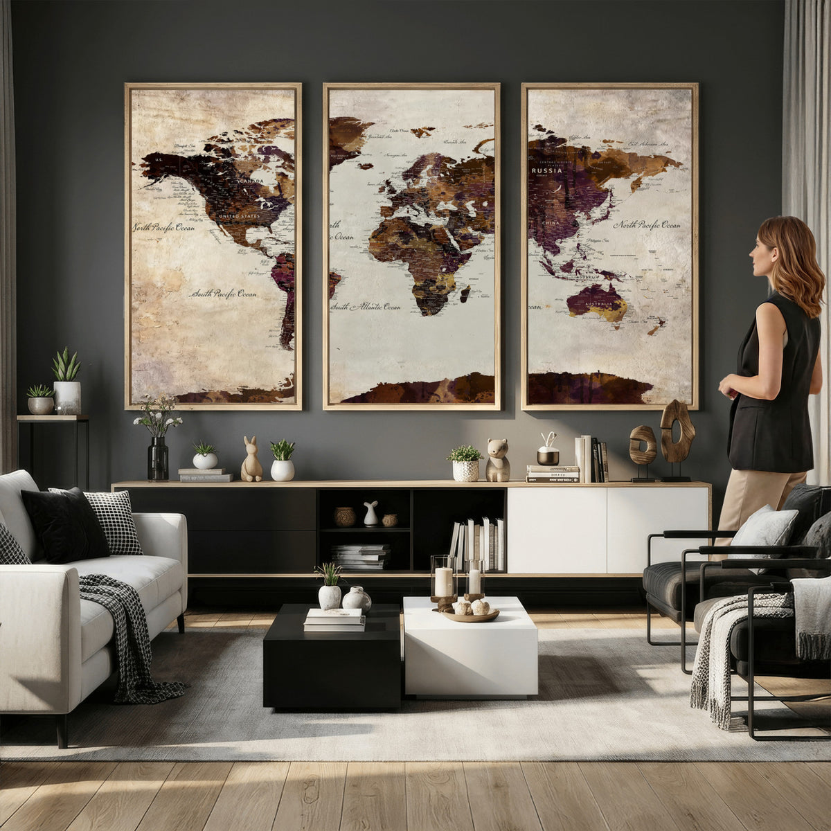 50611123-MGV-CV-36X24 - World Map Canvas Triptych | Colorful Global Wall Art for Living Rooms