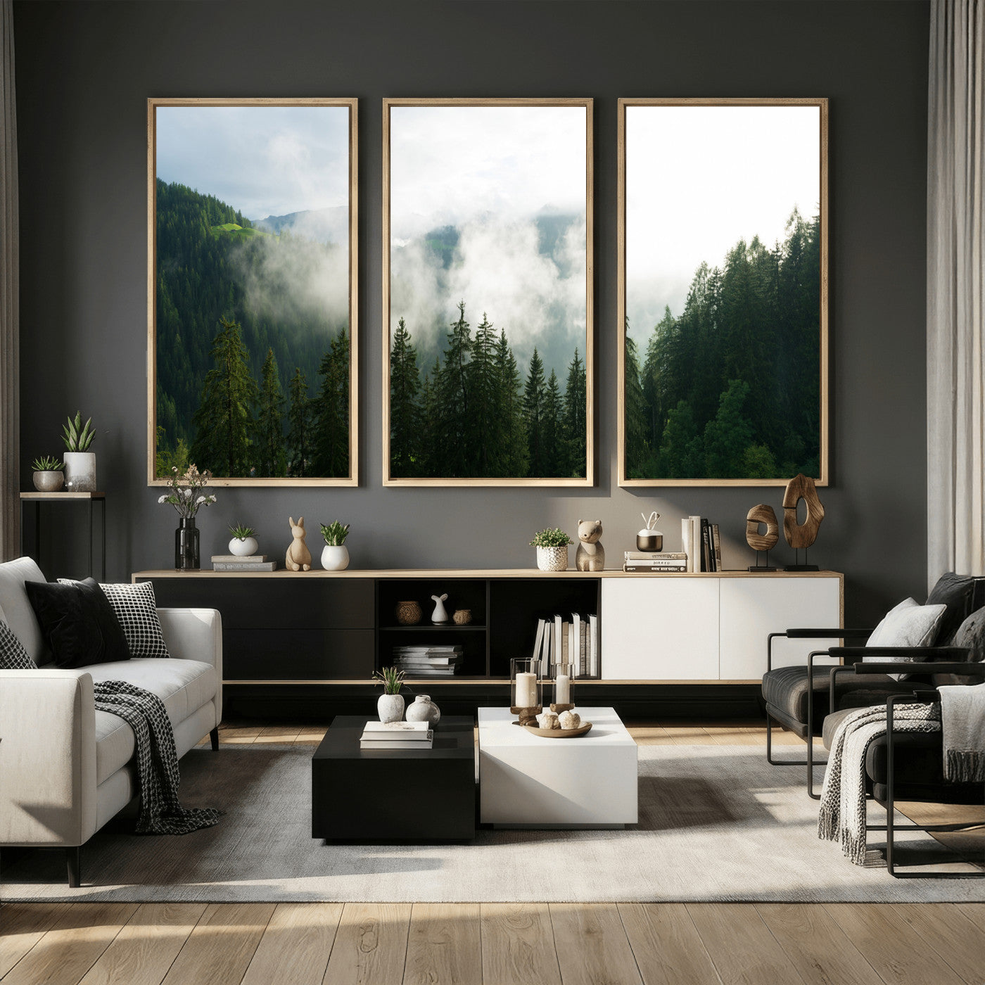 67174129-MGV-CV-36X24 - Misty Mountain Forest Canvas Print, Foggy Pine Trees Nature Wall Art, Framed Canvas Ready to Hang