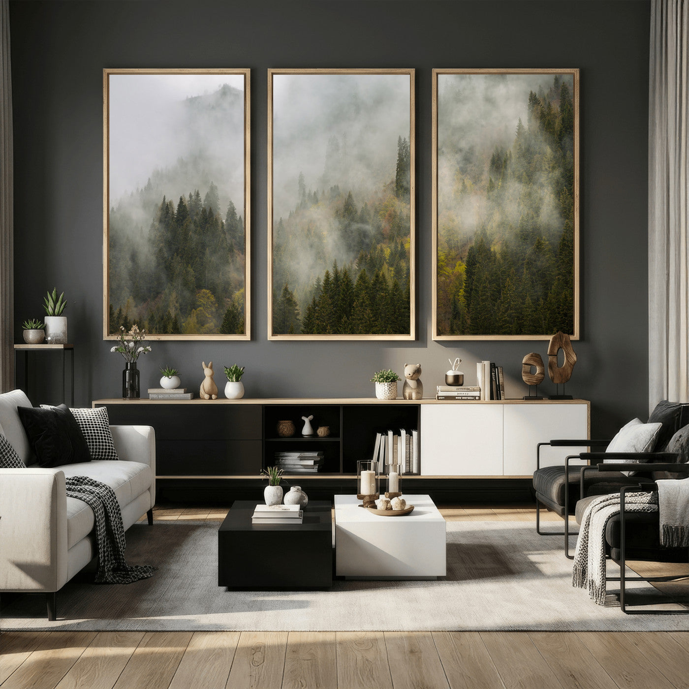 31152954-MGV-CV-36X24 - Misty Mountain Forest Canvas Print, Foggy Pine Trees Nature Wall Art, Framed Canvas Ready to Hang