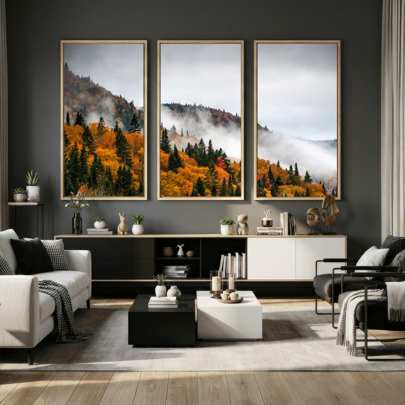 93581632-MGV-CV-36X24 - Autumn Forest Wall Art Canvas Print, Foggy Mountain Landscape Nature Photography, Framed Wall Art Ready to Hang