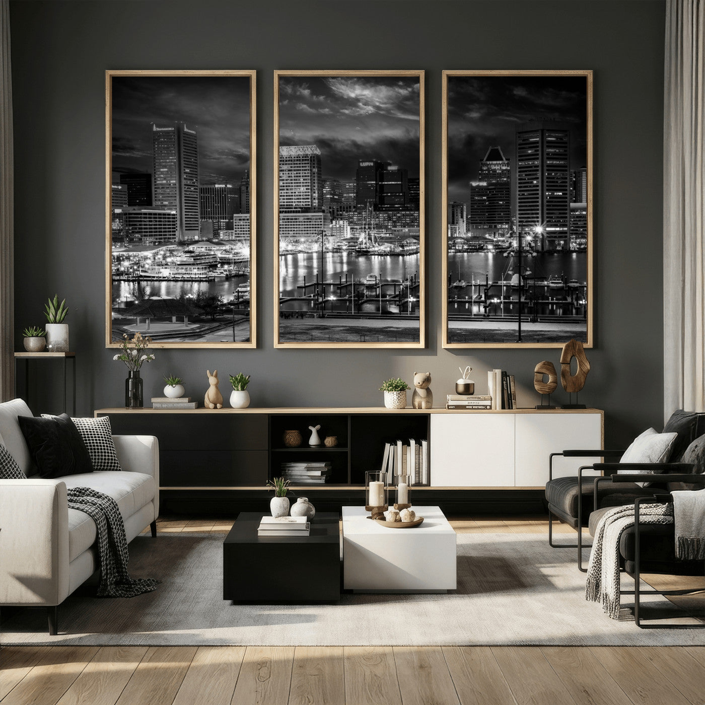 79755655-MGV-CV-36X24 - Baltimore Skyline Wall Art Canvas Print, Baltimore Downtown Night Cityscape Print for Modern Urban Wall Decor